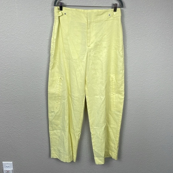 New Vince High Waist Tailored Utility Trouser Pants Pomelo Yellow Linen Sz 10 - Picture 4 of 16